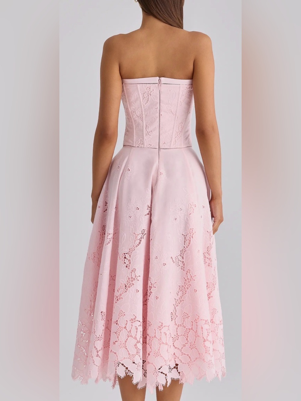 NEW HOUSE OF CB Belissa Strapless Broderie Anglaise Midi Pink Dress sz XS - Picture 2 of 11